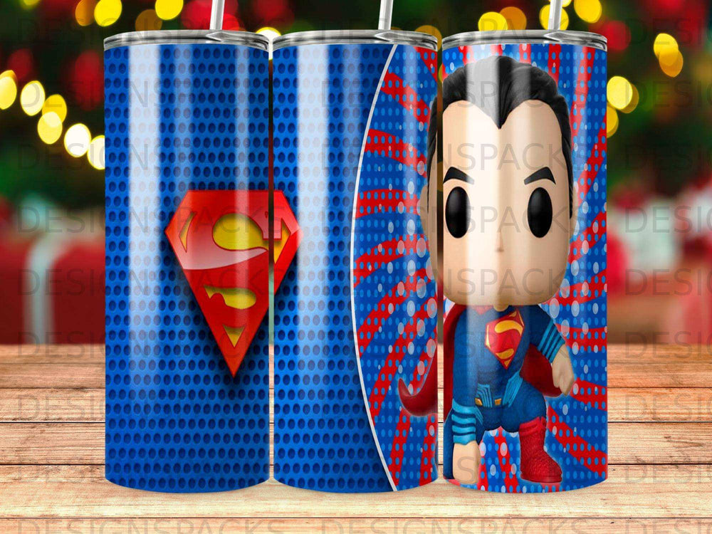 Superman Funko Pop figure on a blue and red dotted background.