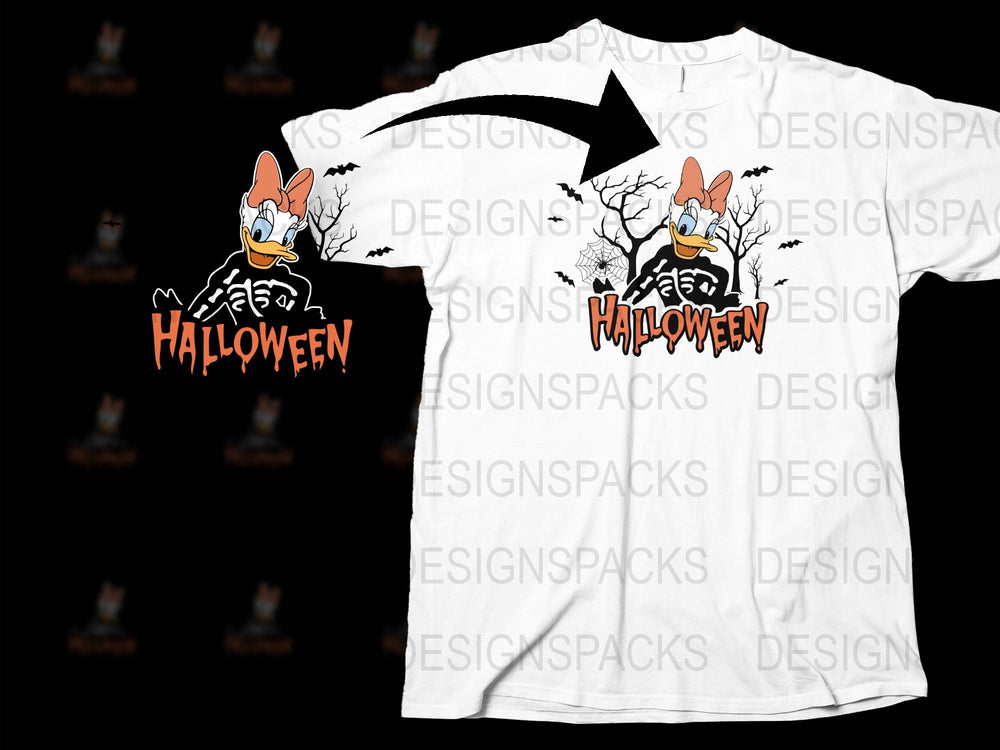 Halloween Themed T-Shirt with Cartoon Duck and Pumpkin Design, Unisex White Tee