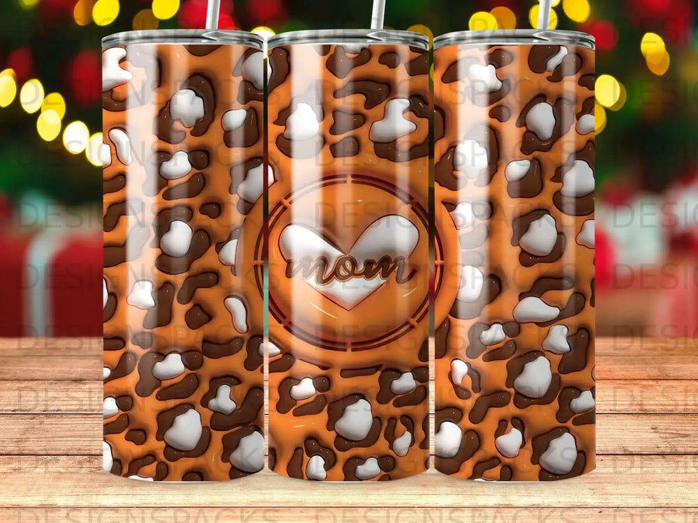 Leopard print tumbler with "Mom" in a heart design.