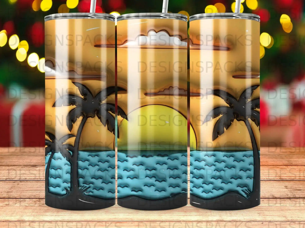Triptych of tumblers with palm trees and a sunset over blue water.