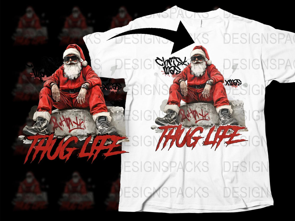 Thug Life Santa Claus T-Shirt, Funny Christmas Tee, Holiday Hip Hop Style, Urban Xmas Apparel