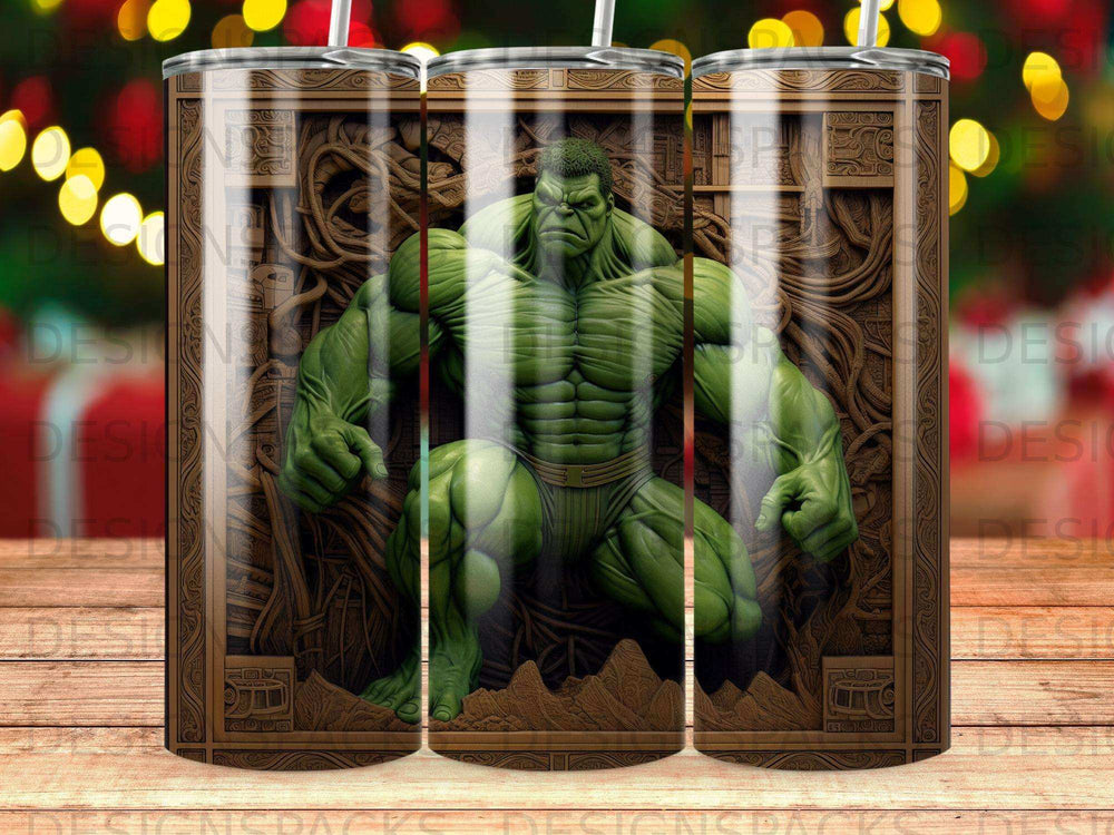 The Hulk crouches against a carved wooden background.