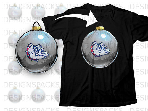 Black t-shirt with a bulldog logo on a Christmas ornament.