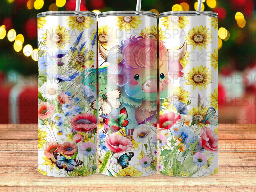 Floral design with butterflies and a cow on a tumbler.