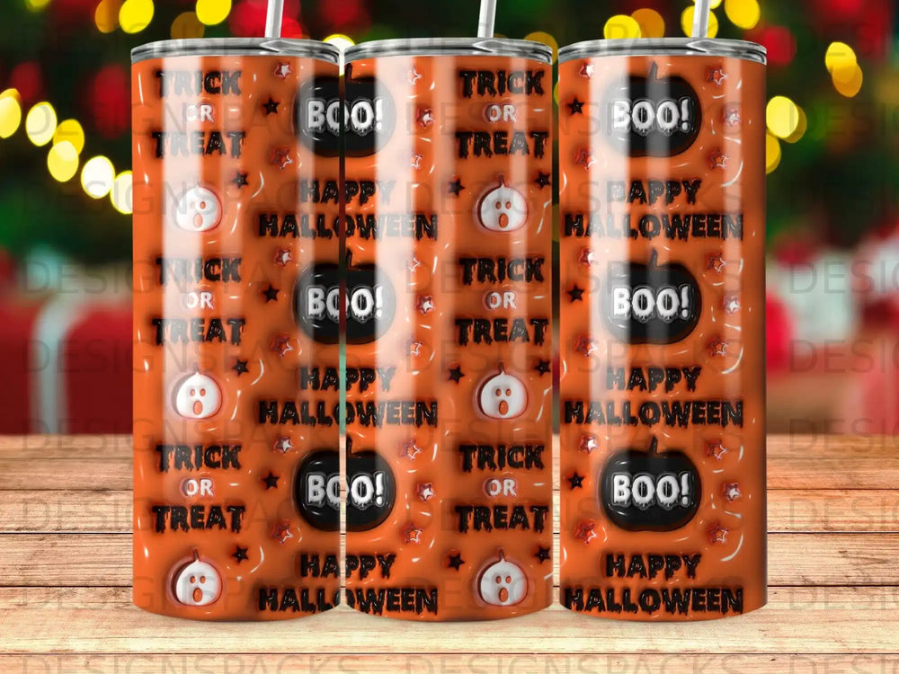 Orange Halloween tumbler with "Trick or Boo!" and spooky graphics.