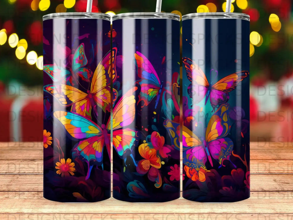 Colorful butterflies and flowers adorn a dark background on this tumbler.