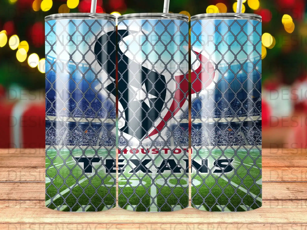 Houston Texans logo on a chain-link fence in front of a stadium.