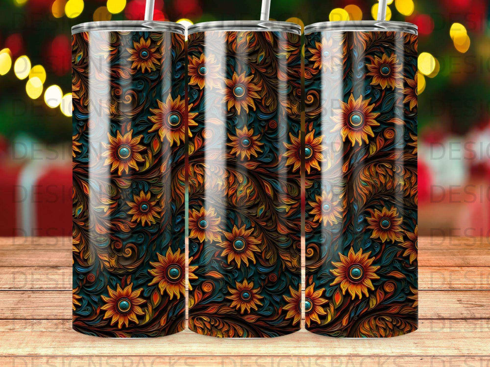 Sunflower floral pattern on a dark background, repeated across three tumblers.