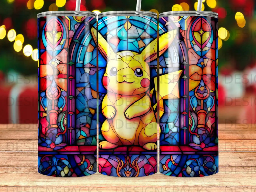 Pikachu in stained glass style on a tumbler with colorful abstract lights.