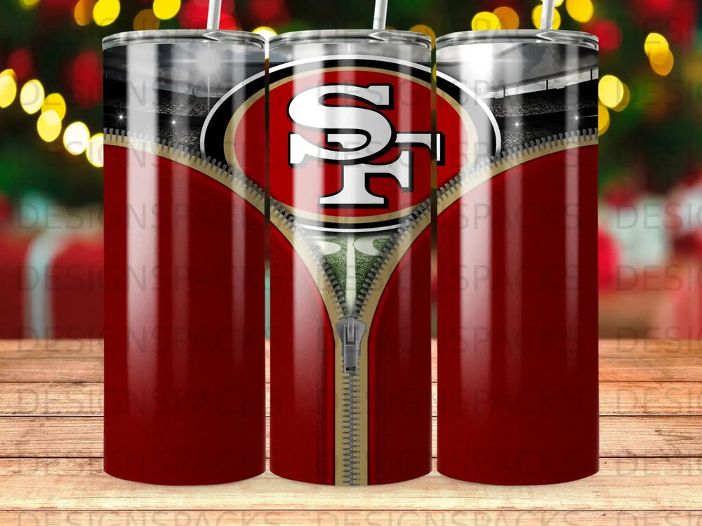 San Francisco 49ers logo on a red zipper tumbler with stadium background.