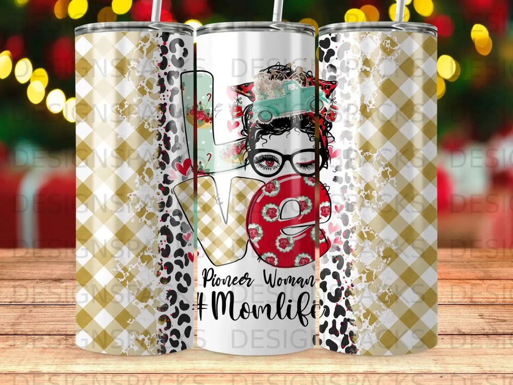 Pioneer Woman #Momlife tumbler with plaid, leopard print, and floral accents.