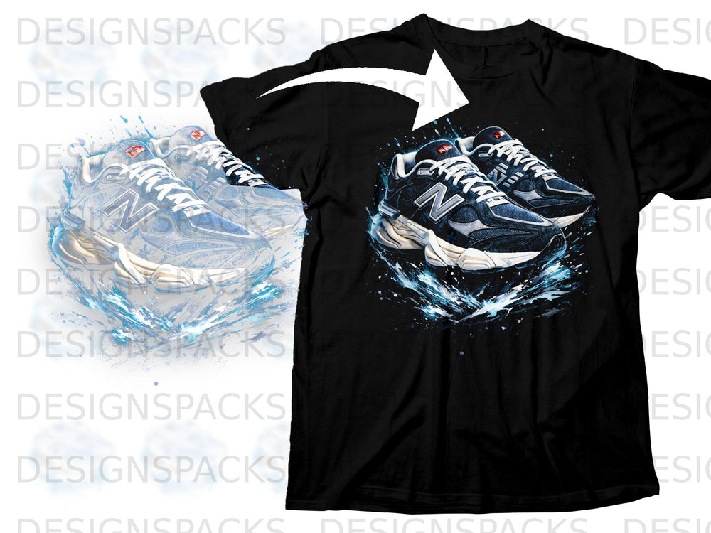 Black t-shirt with a graphic of dark blue New Balance sneakers with water splashes.