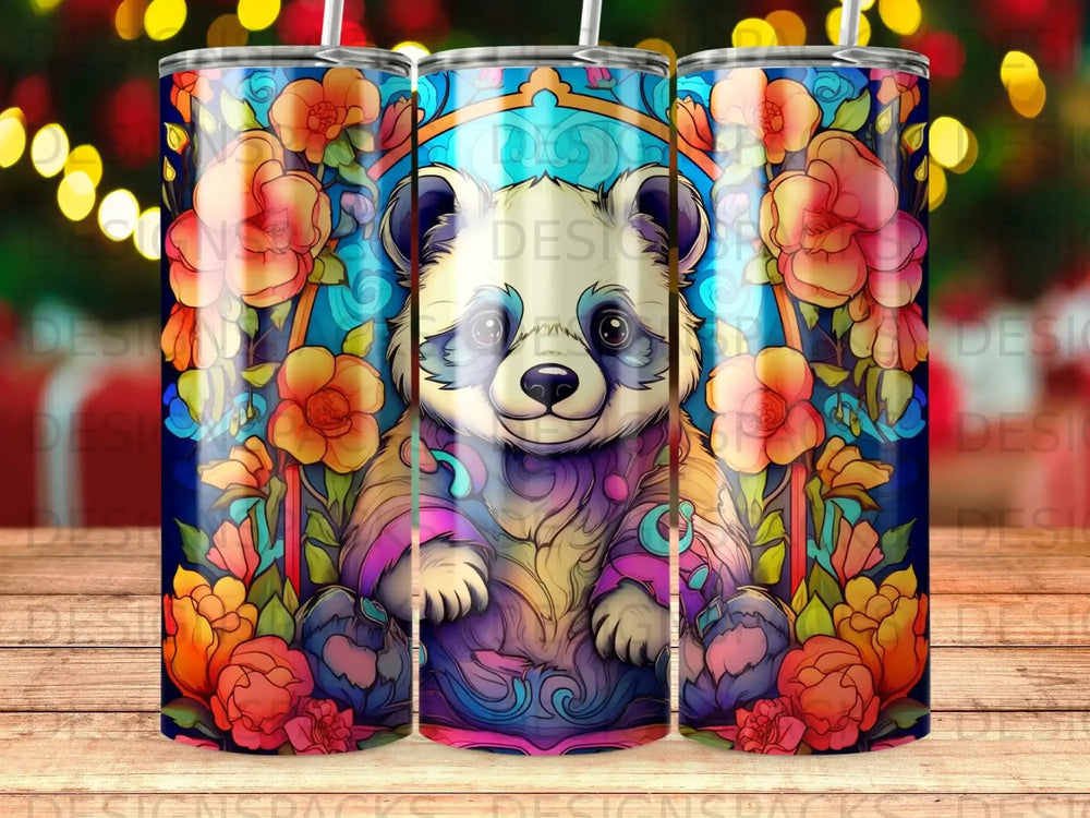 Panda in floral frame with colorful swirling background.