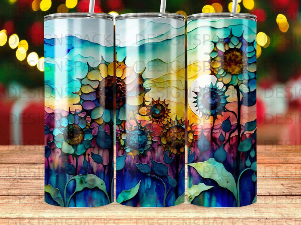 Floral tumbler with abstract sunflower and vibrant colors.