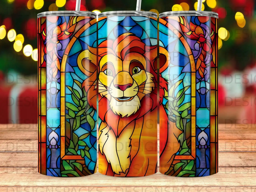 Lion king stained glass tumbler design with colorful borders.