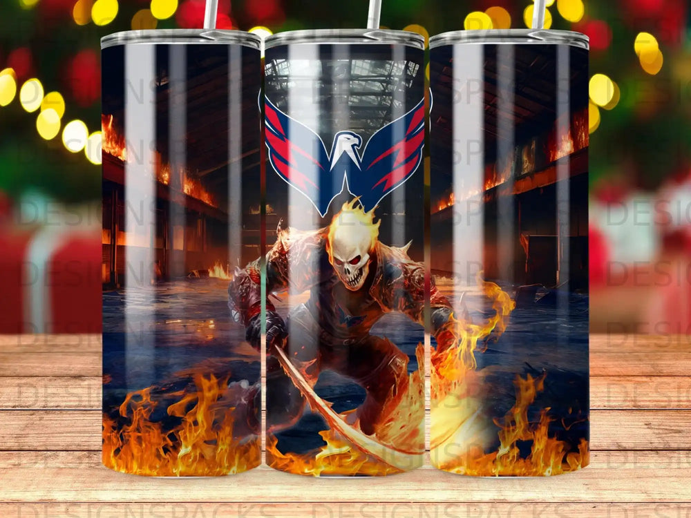 Washington Capitals fiery skeleton mascot with scythe, flames, and arena background.