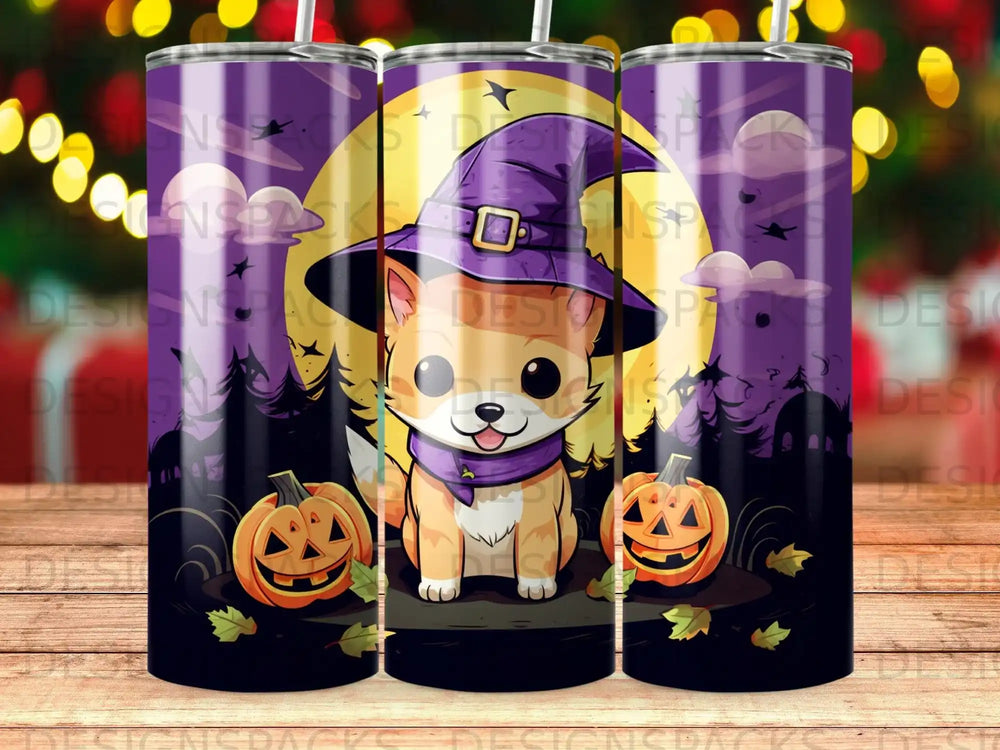 Cartoon fox in witch hat with pumpkins and spooky trees.