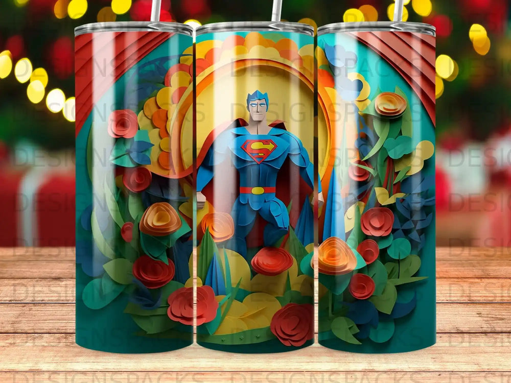 Superman stands amidst colorful paper flowers and geometric shapes.