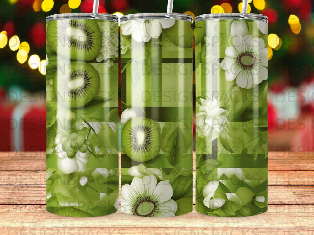 Green and white kiwi fruit and floral pattern on a cylindrical tumbler.