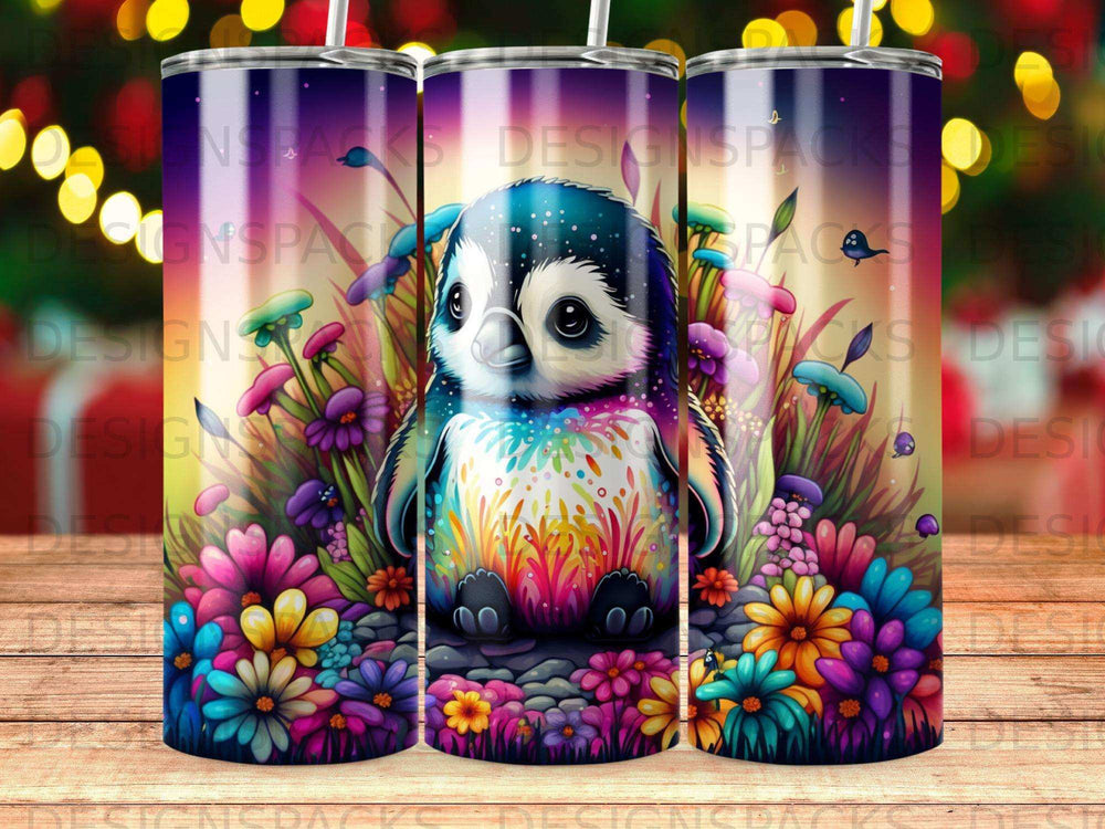 Cute penguin with colorful flowers and grass, digital art.