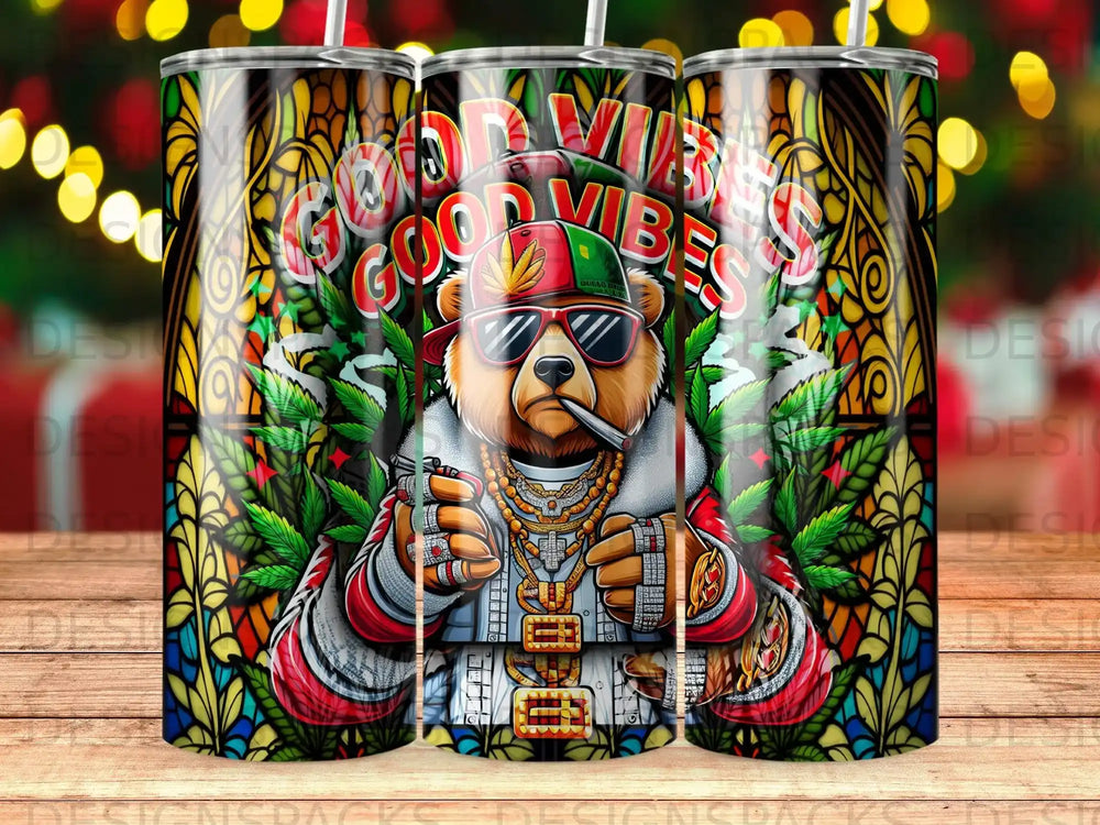 Bear wearing sunglasses and smoking, with "Good Vibes" text.