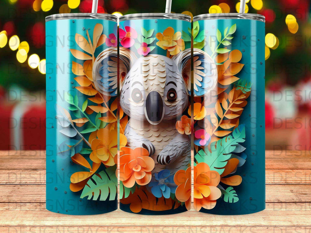 Koala with floral accents on a teal striped tumbler.