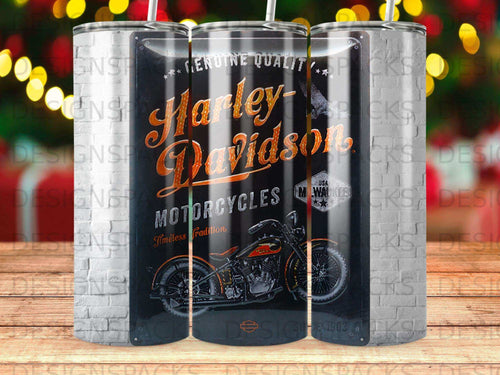 Harley-Davidson Motorcycles tumbler with vintage motorcycle graphic.