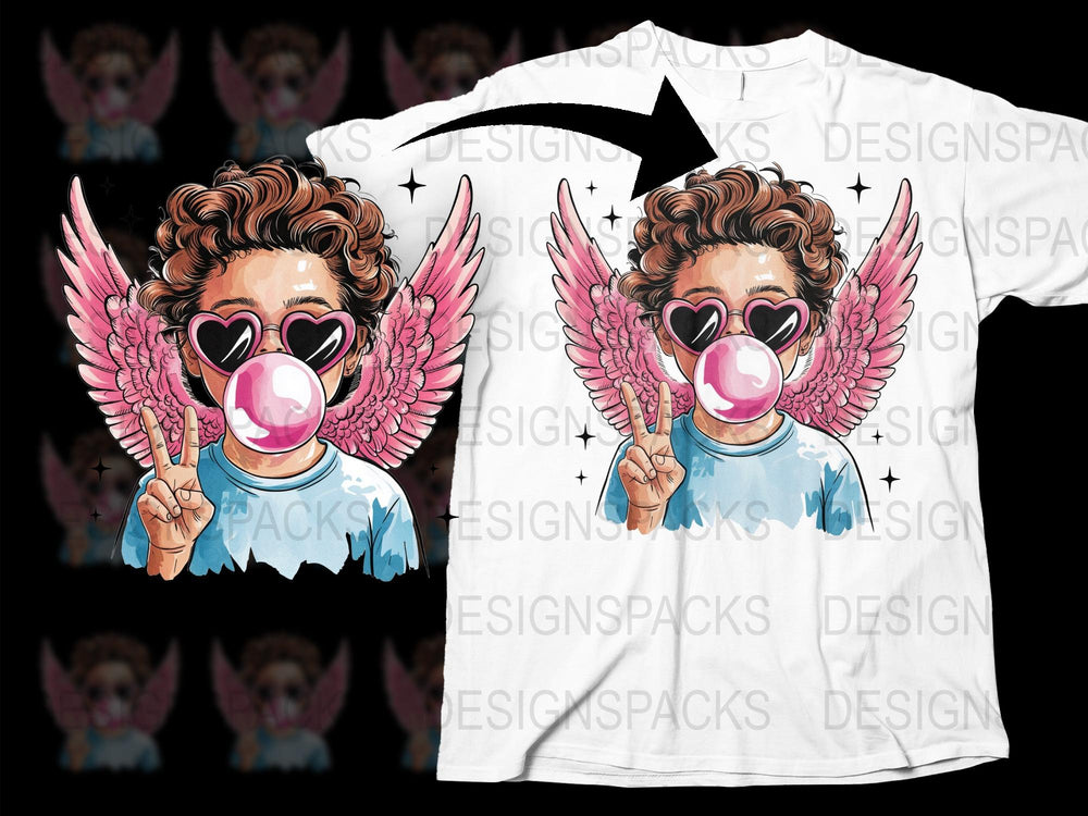 Whimsical Angel T-Shirt with Wings and Bubblegum, Cute Cartoon Character, Trendy Hipster Graphic Tee, Gift for Teens and Adults