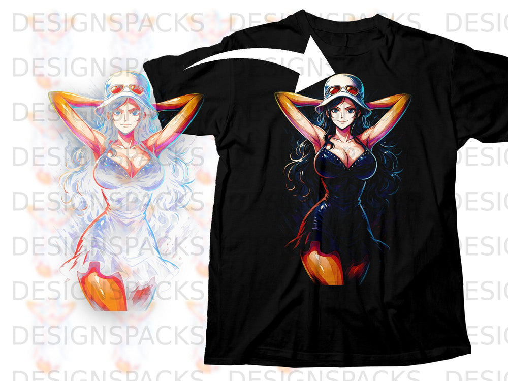 Black t-shirt with an anime character illustration of a woman in a hat and swimsuit.
