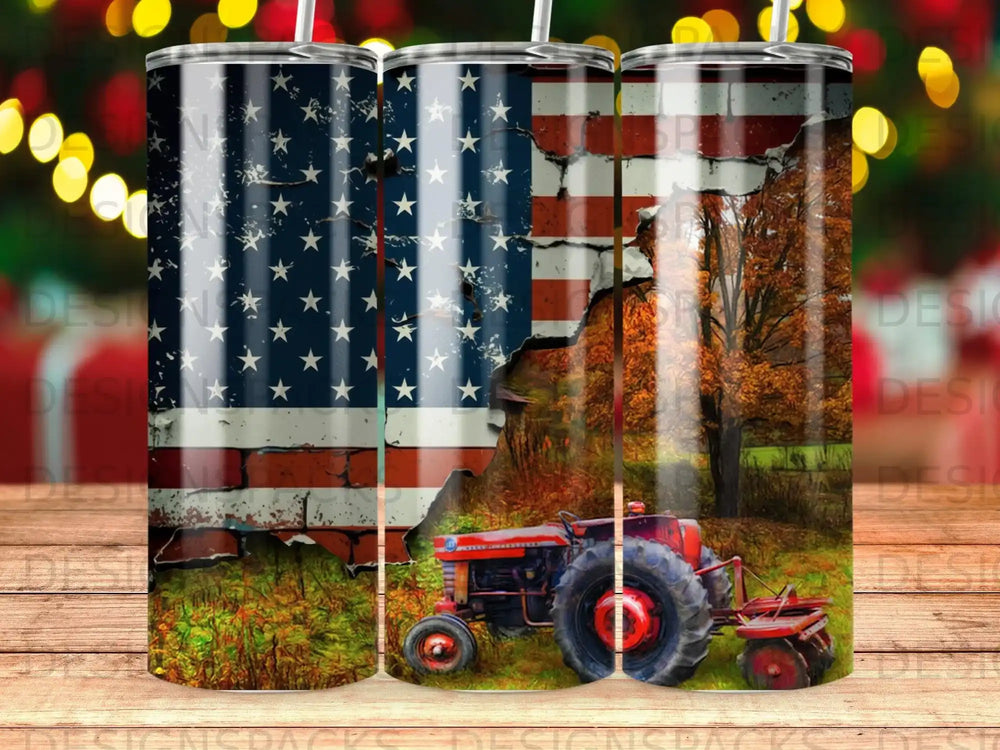 Red tractor in field against distressed American flag and autumn trees.