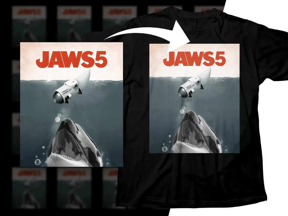 JAWS5 design on black t-shirt featuring shark and submarine, print-ready for DTG/DTF