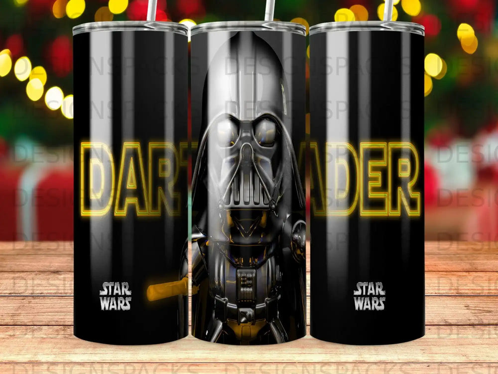 Darth Vader and Star Wars logo on a black tumbler with a gradient background.