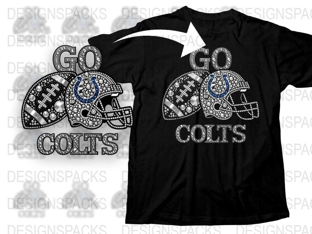 Rhinestone Football Helmets T-Shirt, Go Colts Fan Gear, Sparkly Sports Apparel, Black Unisex Tee