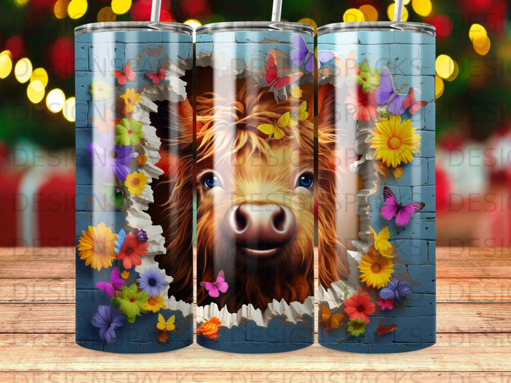 Cow with colorful butterflies and flowers bursting through a brick wall.