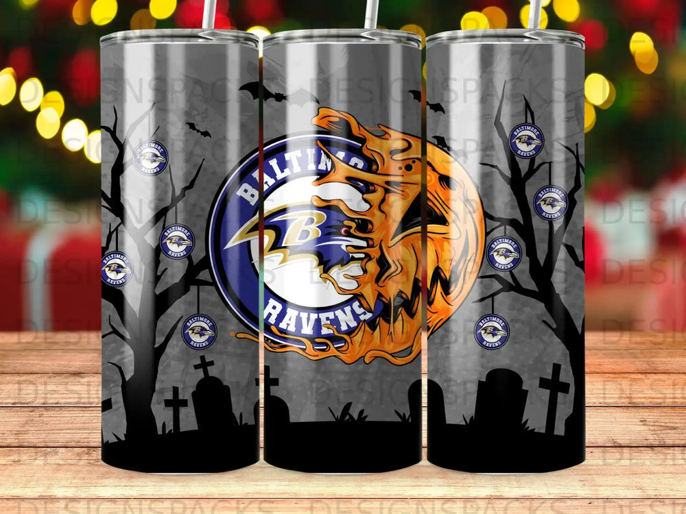 Baltimore Ravens logo with raven and tombstones on a tumbler.