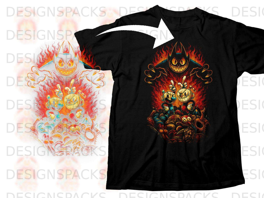 Black t-shirt with cartoon devil and cup characters in flames.