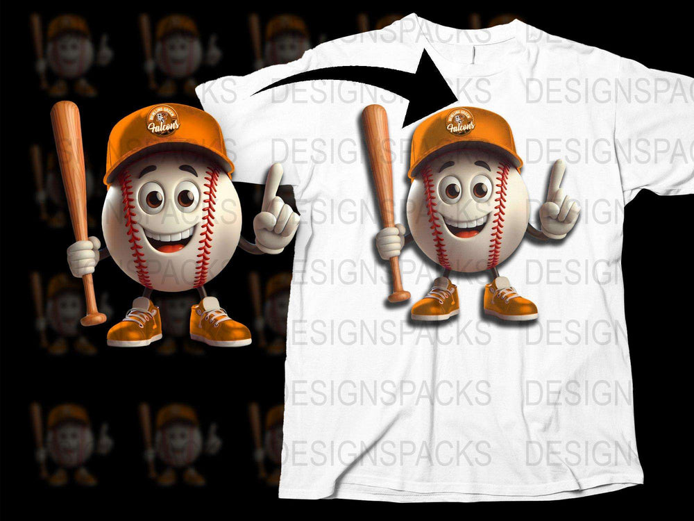 Novelty Baseball T-Shirt with Smiling Ball Character, Orange Cap and Bat Design
