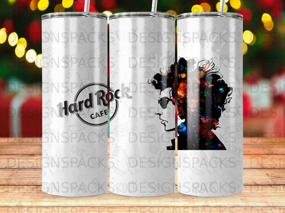 Hard Rock Cafe tumbler with colorful abstract portrait on white background.