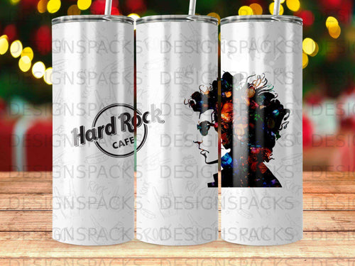 Hard Rock Cafe tumbler with colorful abstract portrait on white background.
