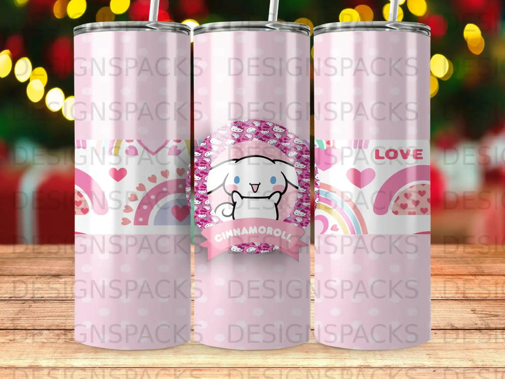 Cinnamoroll character on a pink tumbler with heart and rainbow pattern.