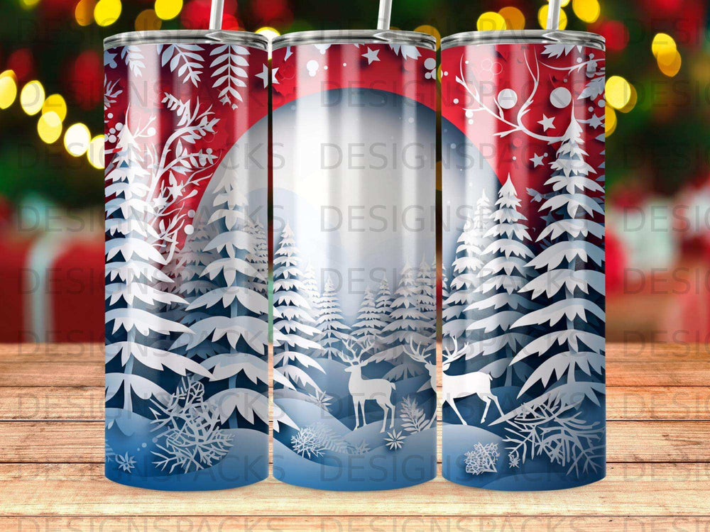 Winter scene with reindeer and snow-covered trees on a patterned tumbler.