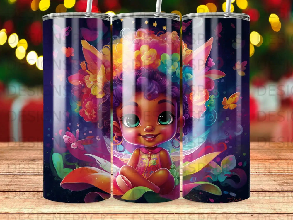 Stylized illustration of a young Black girl with colorful butterfly wings and floral accents.