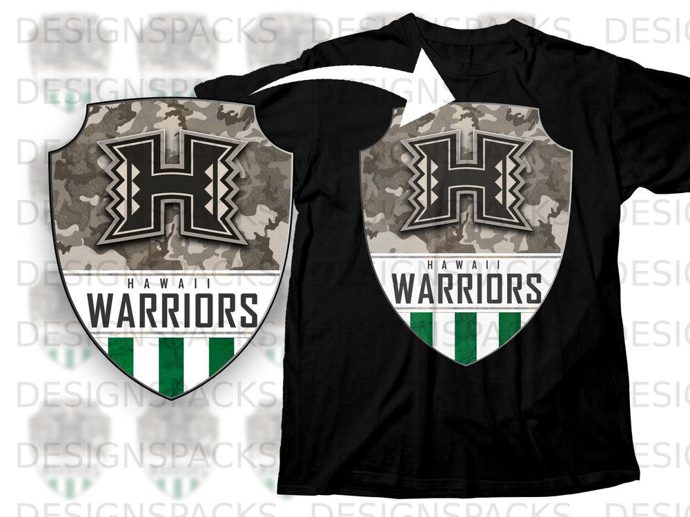 Black t-shirt with a shield logo featuring a camouflage background and "Hawaii Warriors".