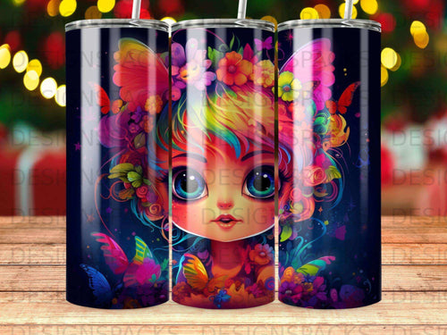 Fantasy creature with butterfly wings surrounded by colorful flowers and butterflies.