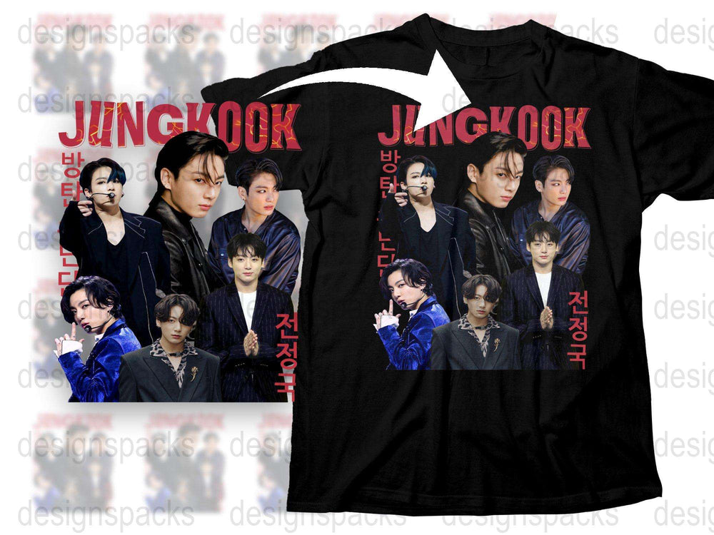 Jungkook Fan T-Shirt, K-Pop Idol Collage Design, Music Star Photos, Black Tee, Unique Gift Idea for Fans