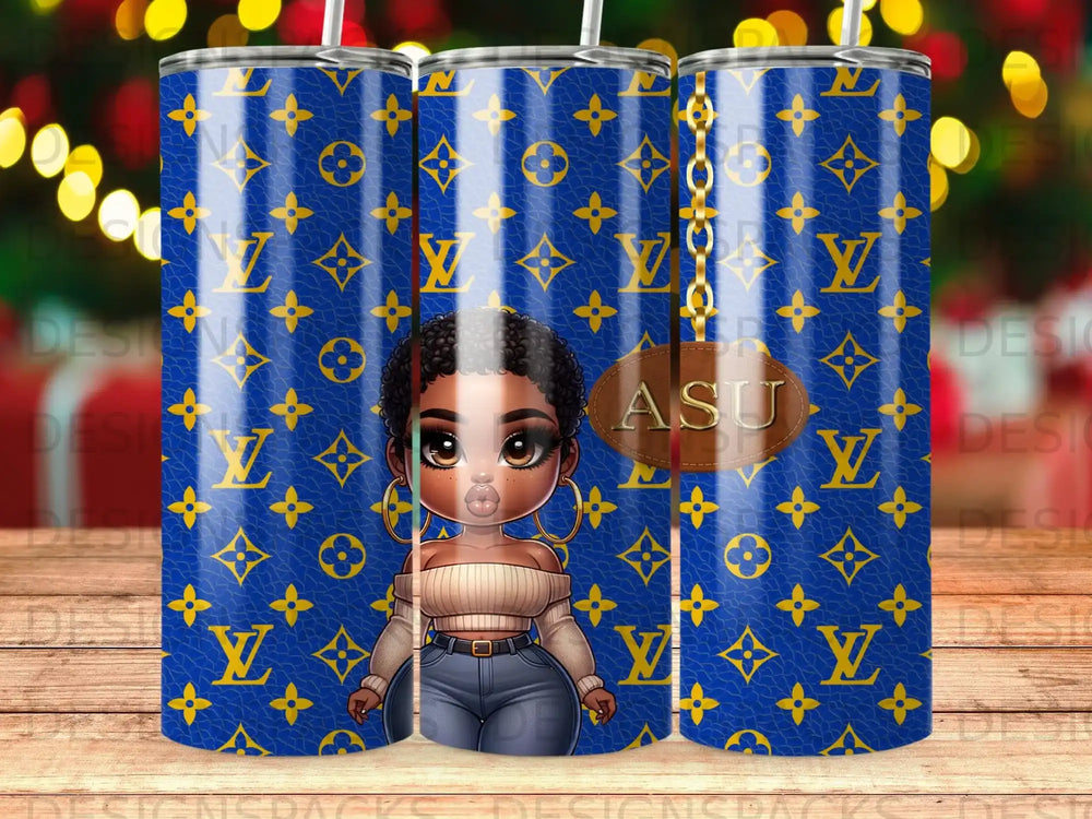 ASU Blue Gold Monogram Woman Cartoon Design Tumbler product type