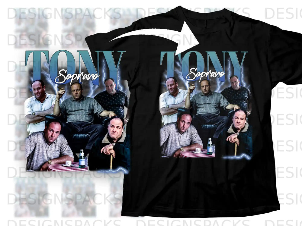 The Sopranos TV show graphic on a black t-shirt.
