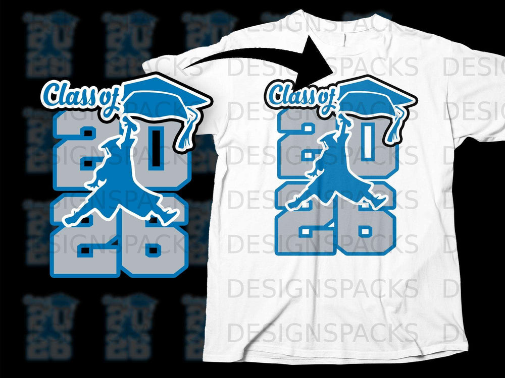 Class of 2026 graduation graphic with diploma and cap on a t-shirt.