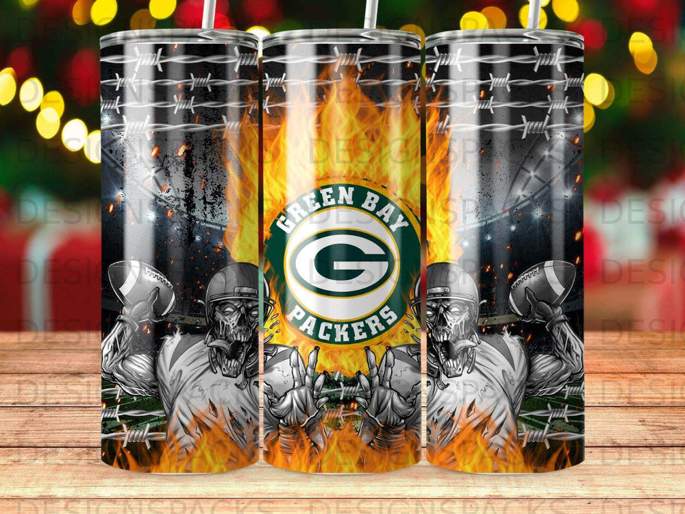 Green Bay Packers logo with football players and fire on a tumbler.