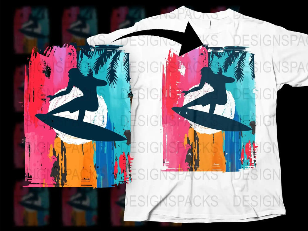 Vibrant Surfing T-Shirt, Abstract Wave Surfer Design, Colorful Beachwear, Unisex Graphic Tee